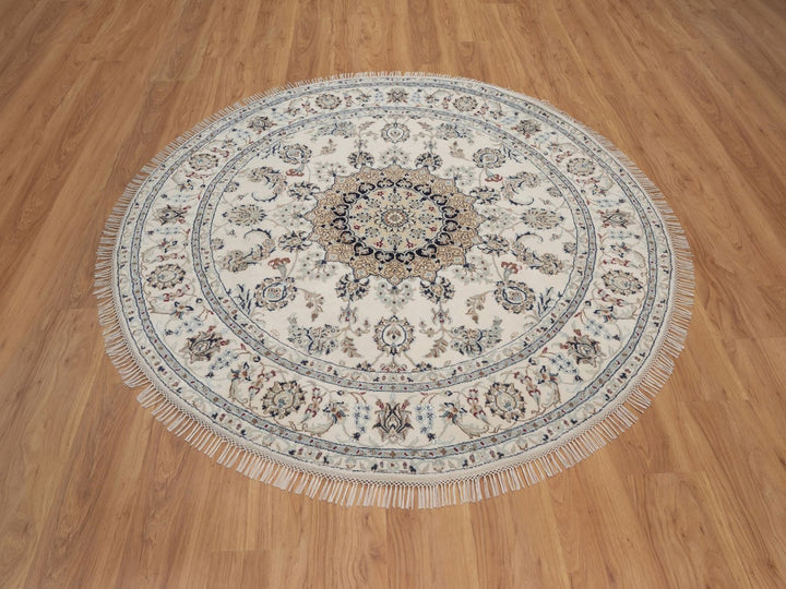 6'0" x 6'0" New Hand Knotted Ivory Wool & Silk Round Oriental Rug - MOA10292756