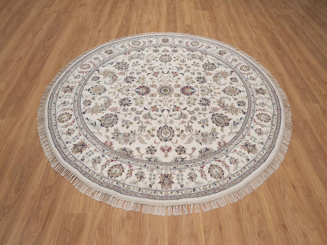 6'6" x 6'6" New Hand Knotted Ivory Wool & Silk Round Oriental Rug - MOA10292757