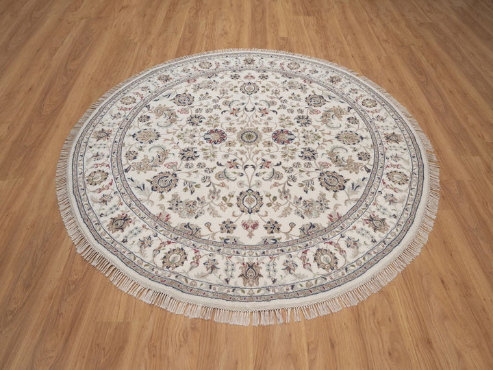 6'6" x 6'6" New Hand Knotted Ivory Wool & Silk Round Oriental Rug - MOA10292757