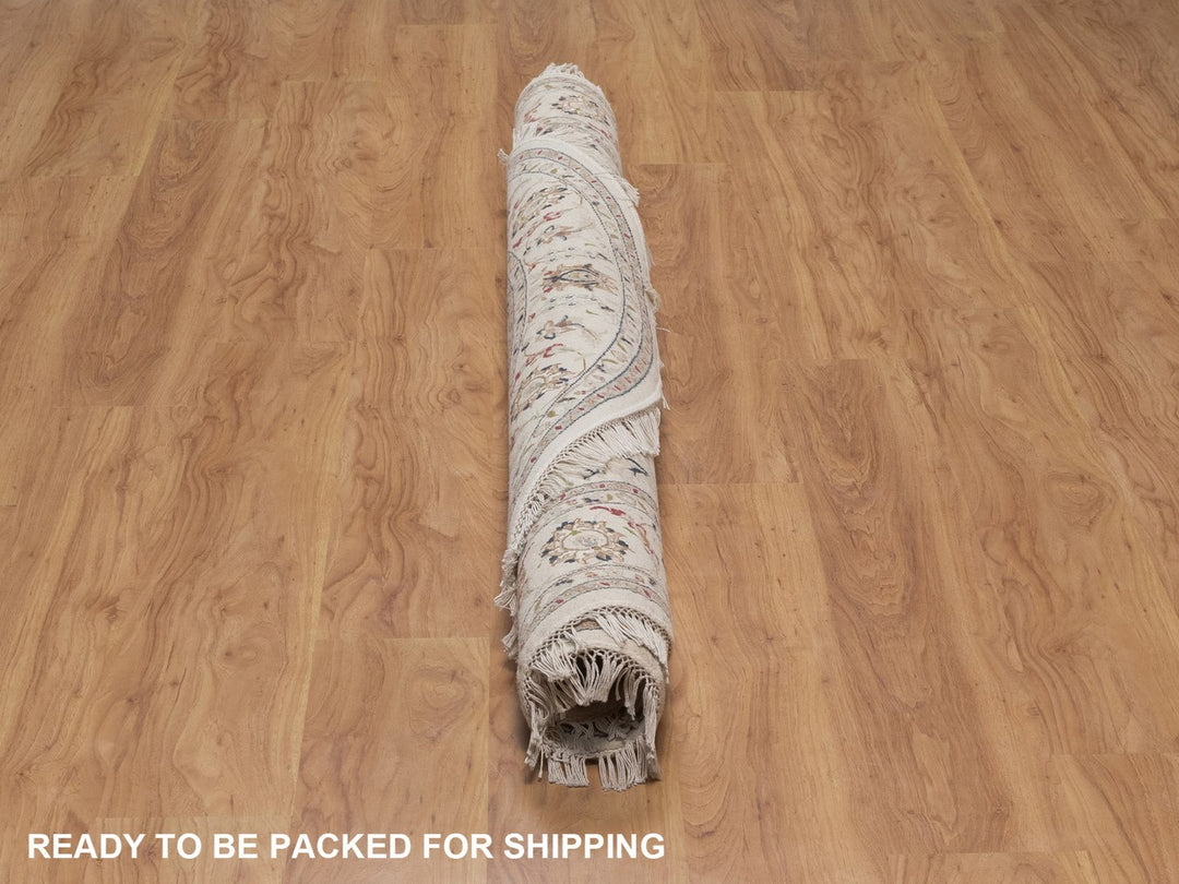 6'6" x 6'6" New Hand Knotted Ivory Wool & Silk Round Oriental Rug - MOA10292757