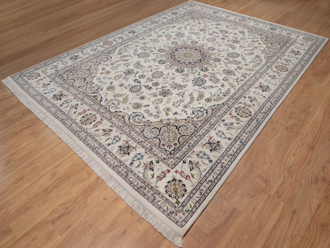 8'9" x 12'1" New Hand Knotted Ivory Wool & Silk Rectangle Oriental Rug - MOA10292758