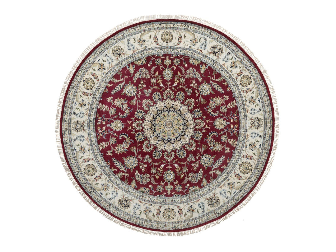8'0" x 8'0" New Hand Knotted Red Wool & Silk Round Oriental Rug - MOA10292759