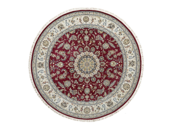 8'0" x 8'0" New Hand Knotted Red Wool & Silk Round Oriental Rug - MOA10292759
