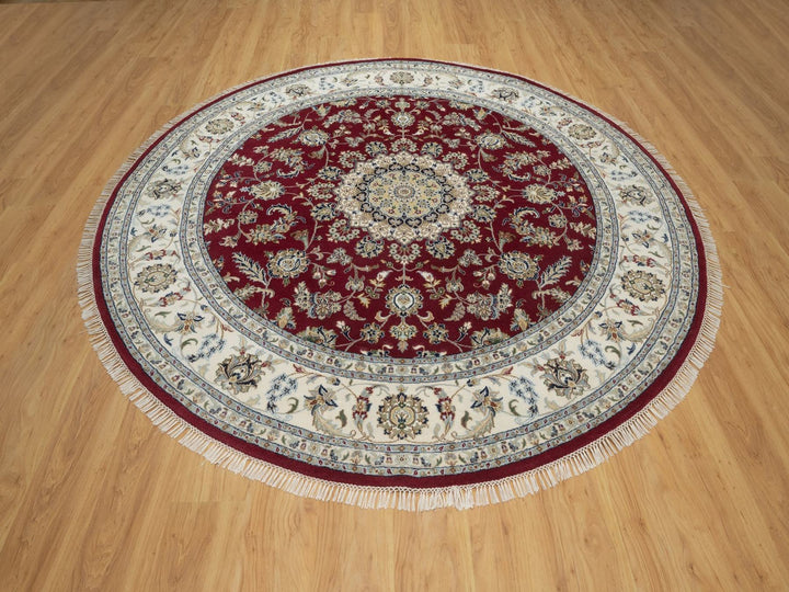 8'0" x 8'0" New Hand Knotted Red Wool & Silk Round Oriental Rug - MOA10292759