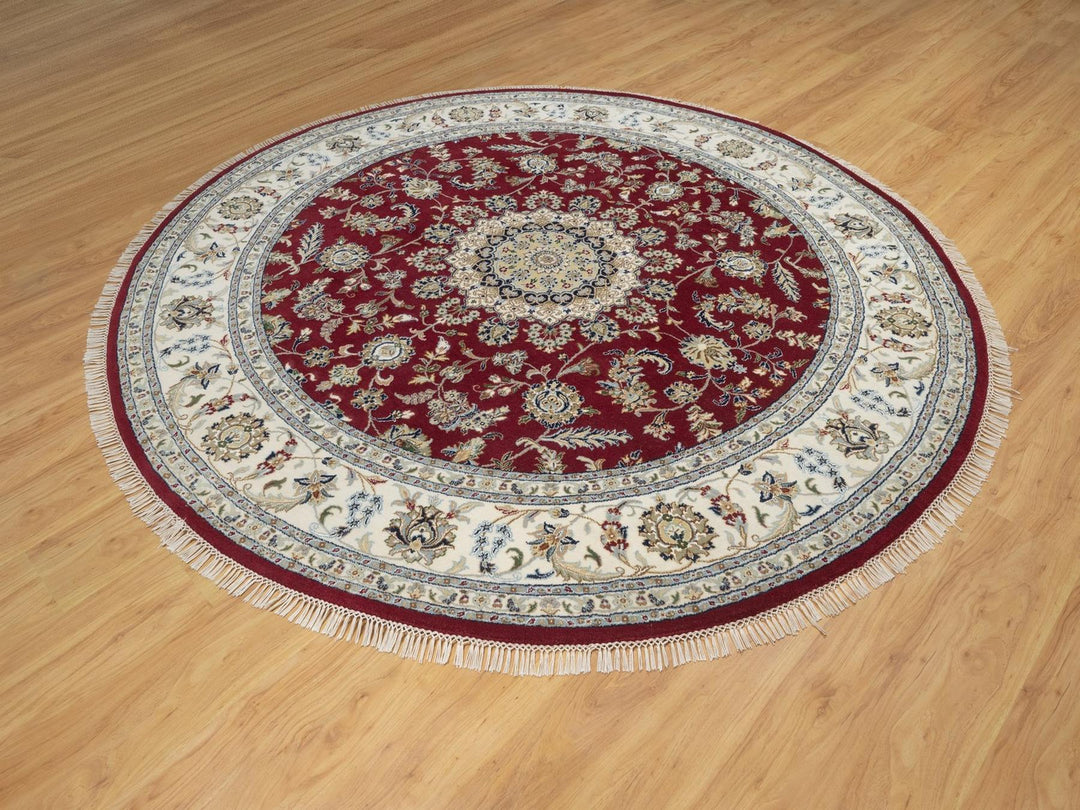8'0" x 8'0" New Hand Knotted Red Wool & Silk Round Oriental Rug - MOA10292759