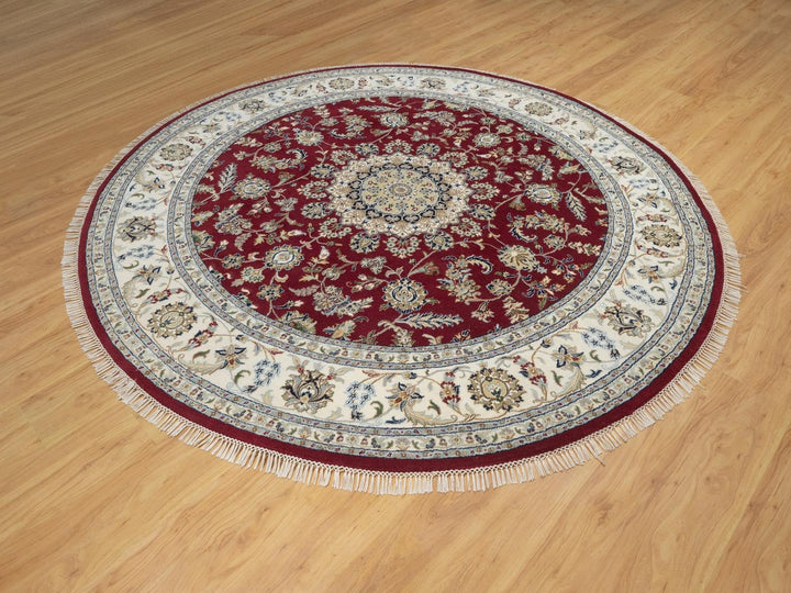 8'0" x 8'0" New Hand Knotted Red Wool & Silk Round Oriental Rug - MOA10292759