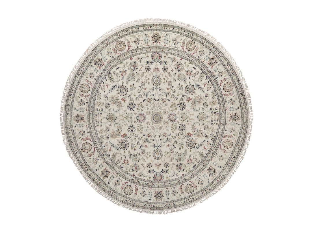 8'0" x 8'0" New Hand Knotted Ivory Wool & Silk Round Oriental Rug - MOA10292760