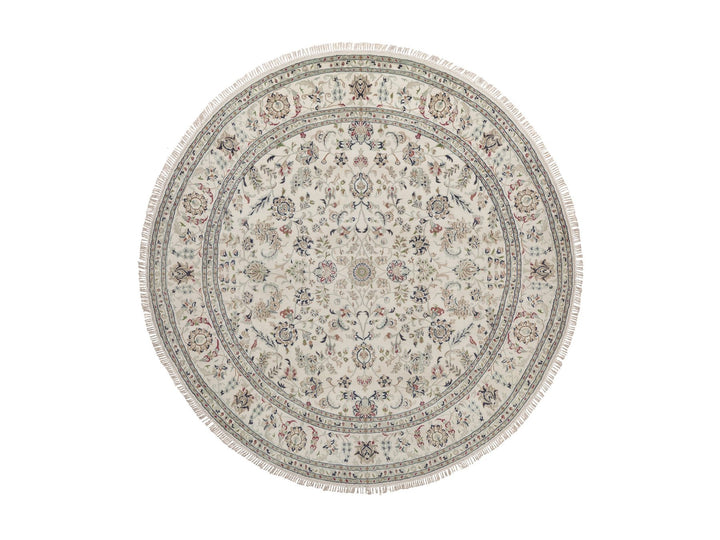 8'0" x 8'0" New Hand Knotted Ivory Wool & Silk Round Oriental Rug - MOA10292760
