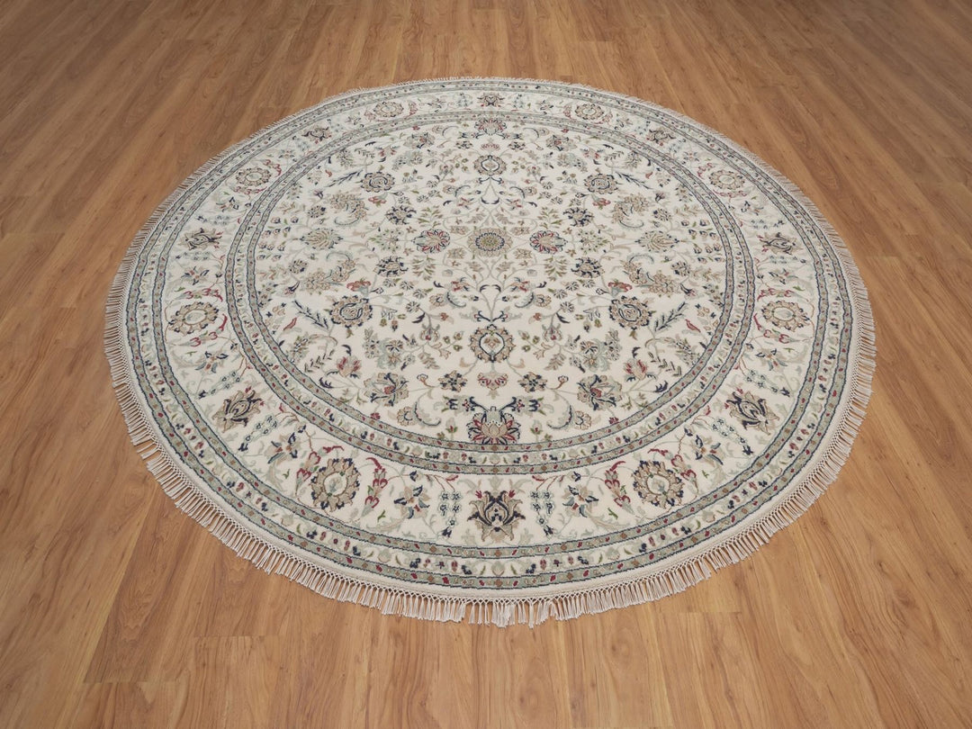 8'0" x 8'0" New Hand Knotted Ivory Wool & Silk Round Oriental Rug - MOA10292760