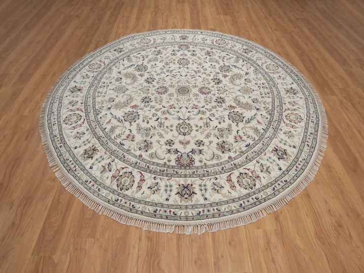 8'0" x 8'0" New Hand Knotted Ivory Wool & Silk Round Oriental Rug - MOA10292760
