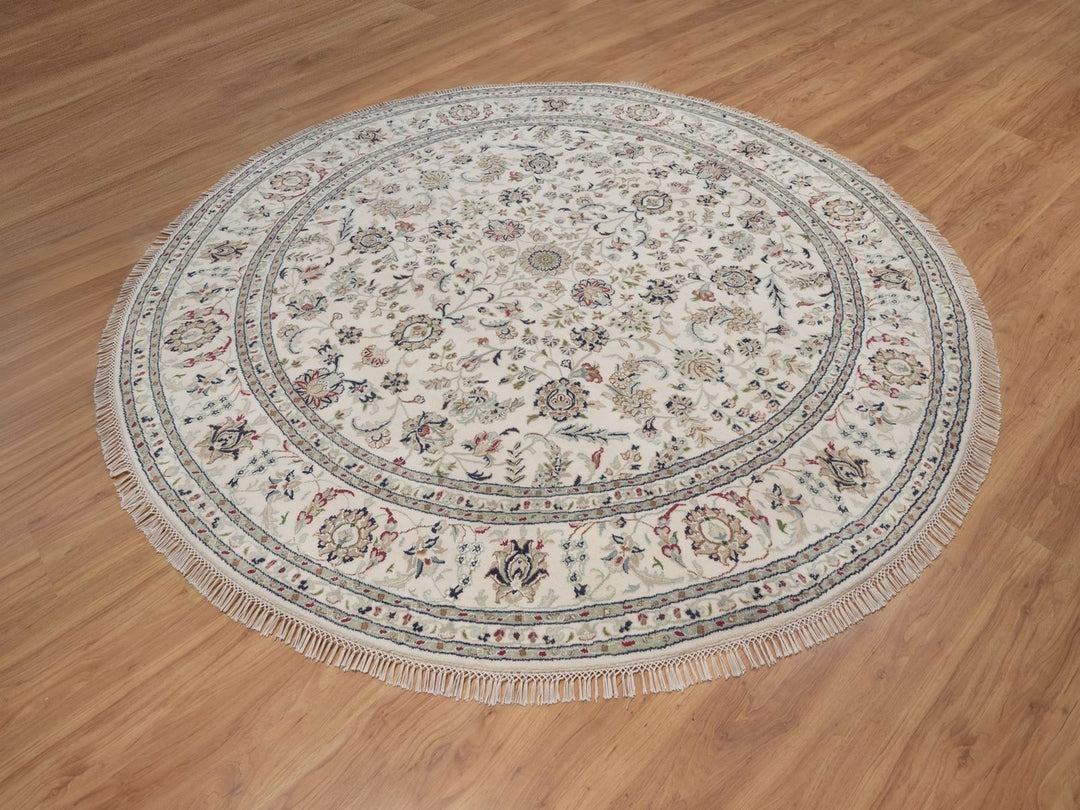 8'0" x 8'0" New Hand Knotted Ivory Wool & Silk Round Oriental Rug - MOA10292760