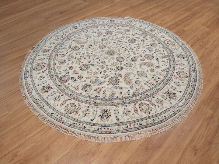 8'0" x 8'0" New Hand Knotted Ivory Wool & Silk Round Oriental Rug - MOA10292760