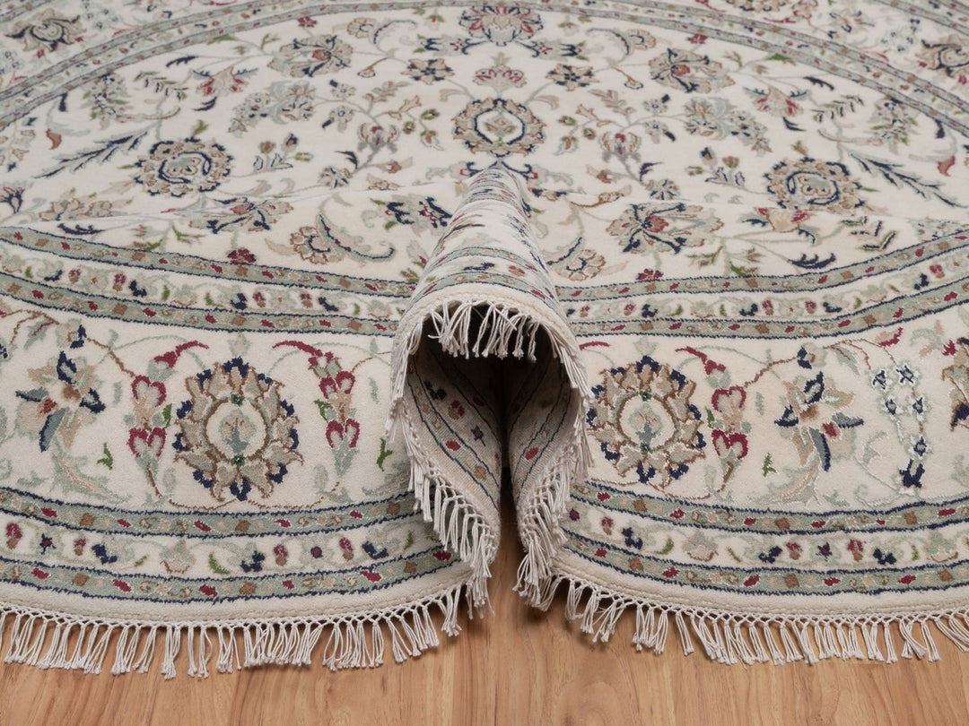 8'0" x 8'0" New Hand Knotted Ivory Wool & Silk Round Oriental Rug - MOA10292760