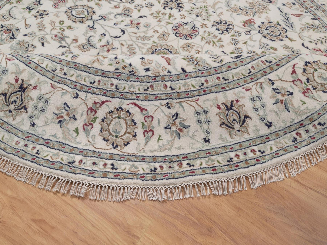 8'0" x 8'0" New Hand Knotted Ivory Wool & Silk Round Oriental Rug - MOA10292760