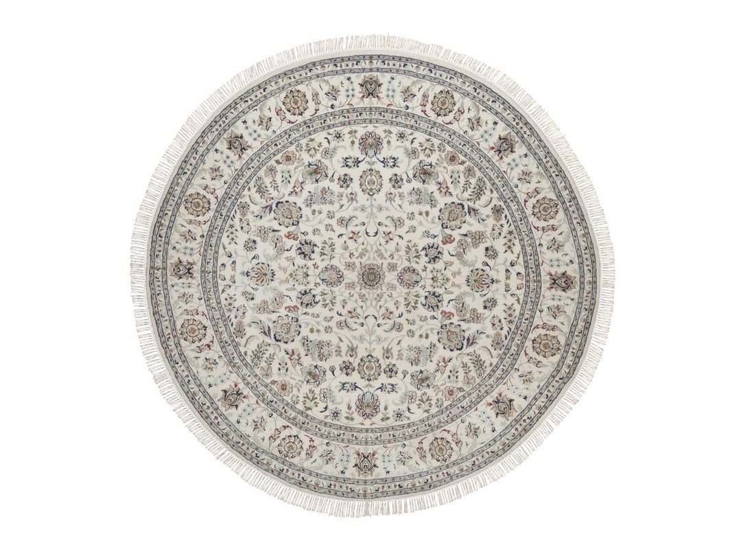 7'8" x 7'8" New Hand Knotted Ivory Wool & Silk Round Oriental Rug - MOA10292761