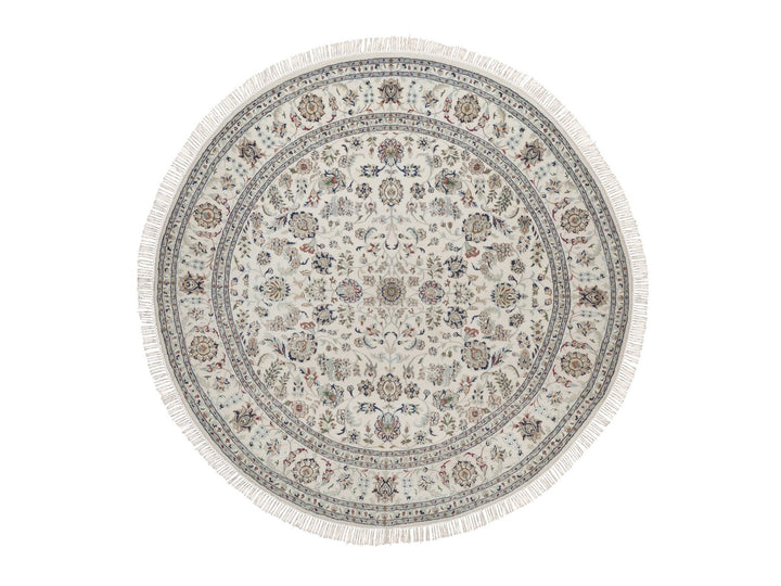 7'8" x 7'8" New Hand Knotted Ivory Wool & Silk Round Oriental Rug - MOA10292761