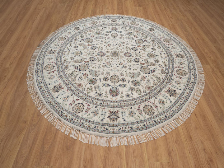 7'8" x 7'8" New Hand Knotted Ivory Wool & Silk Round Oriental Rug - MOA10292761