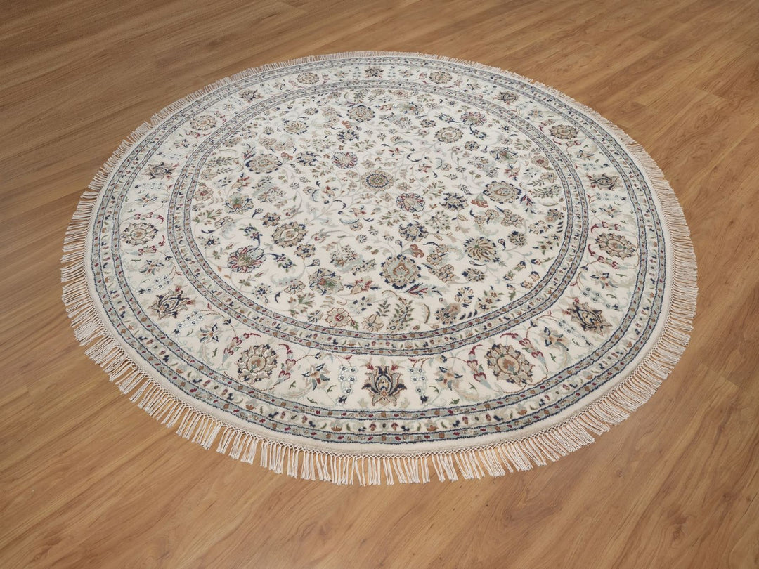 7'8" x 7'8" New Hand Knotted Ivory Wool & Silk Round Oriental Rug - MOA10292761