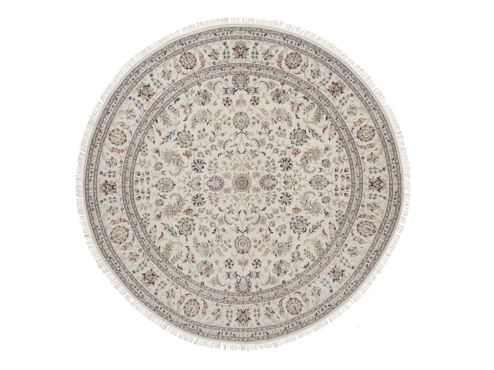 8'2" x 8'2" New Hand Knotted Ivory Wool & Silk Round Oriental Rug - MOA10292763