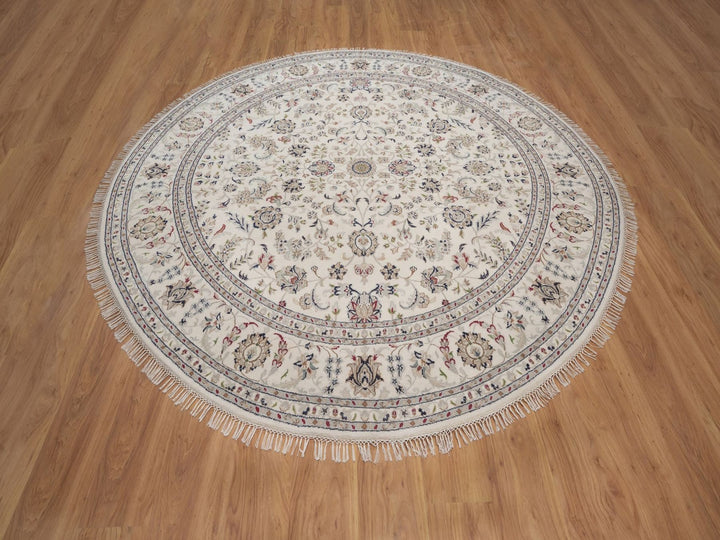 8'2" x 8'2" New Hand Knotted Ivory Wool & Silk Round Oriental Rug - MOA10292763