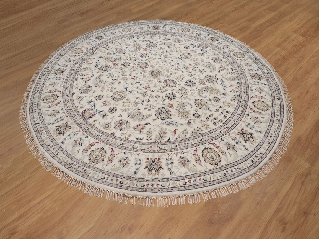 8'2" x 8'2" New Hand Knotted Ivory Wool & Silk Round Oriental Rug - MOA10292763