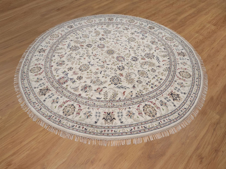 8'2" x 8'2" New Hand Knotted Ivory Wool & Silk Round Oriental Rug - MOA10292763