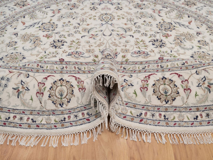 8'2" x 8'2" New Hand Knotted Ivory Wool & Silk Round Oriental Rug - MOA10292763