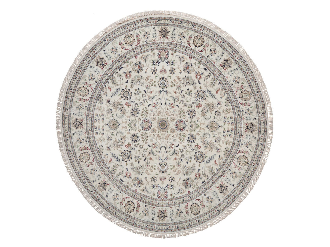 7'10" x 7'10" New Hand Knotted Ivory Wool & Silk Round Oriental Rug - MOA10292764