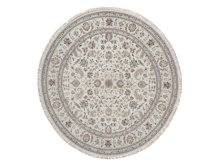 7'10" x 7'10" New Hand Knotted Ivory Wool & Silk Round Oriental Rug - MOA10292764