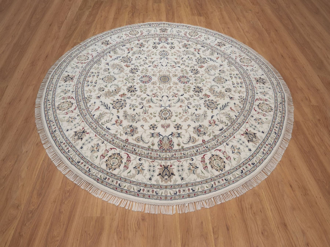 7'10" x 7'10" New Hand Knotted Ivory Wool & Silk Round Oriental Rug - MOA10292764