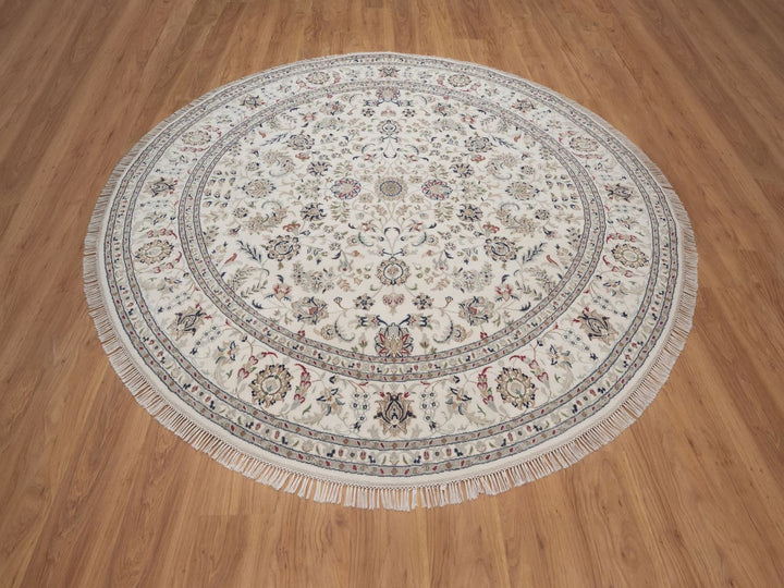 7'10" x 7'10" New Hand Knotted Ivory Wool & Silk Round Oriental Rug - MOA10292764