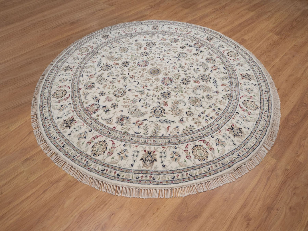 7'10" x 7'10" New Hand Knotted Ivory Wool & Silk Round Oriental Rug - MOA10292764