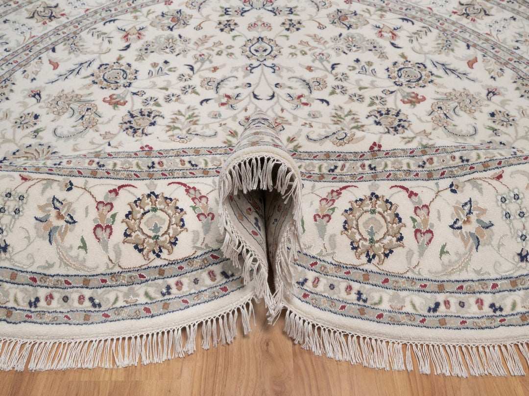 7'10" x 7'10" New Hand Knotted Ivory Wool & Silk Round Oriental Rug - MOA10292764