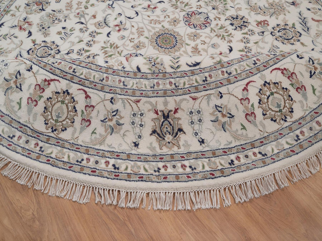 7'10" x 7'10" New Hand Knotted Ivory Wool & Silk Round Oriental Rug - MOA10292764