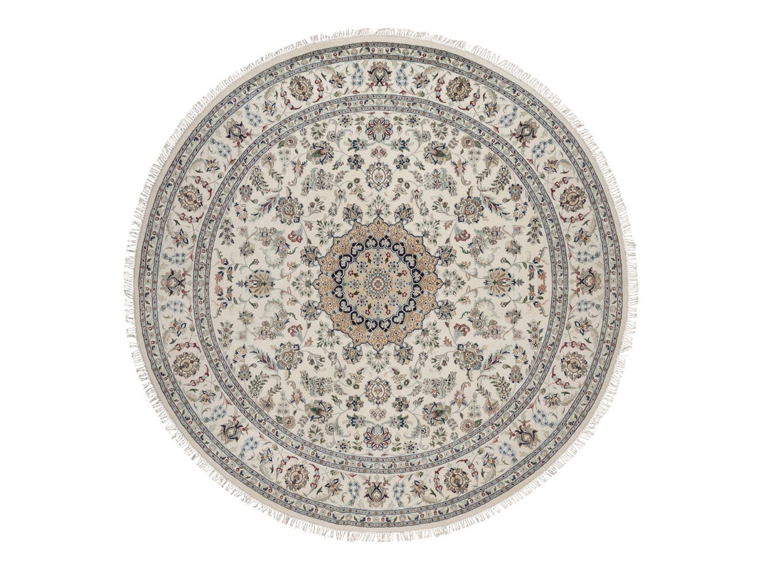 9'8" x 9'8" New Hand Knotted Ivory Wool & Silk Round Oriental Rug - MOA10292766