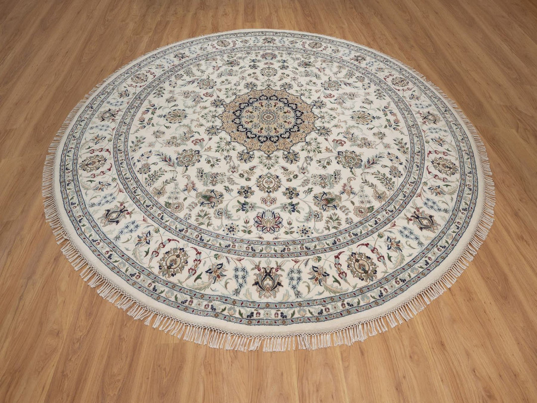 9'8" x 9'8" New Hand Knotted Ivory Wool & Silk Round Oriental Rug - MOA10292766