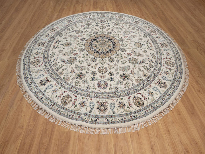9'8" x 9'8" New Hand Knotted Ivory Wool & Silk Round Oriental Rug - MOA10292766