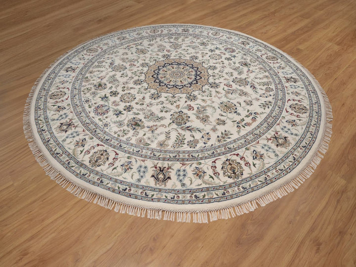 9'8" x 9'8" New Hand Knotted Ivory Wool & Silk Round Oriental Rug - MOA10292766