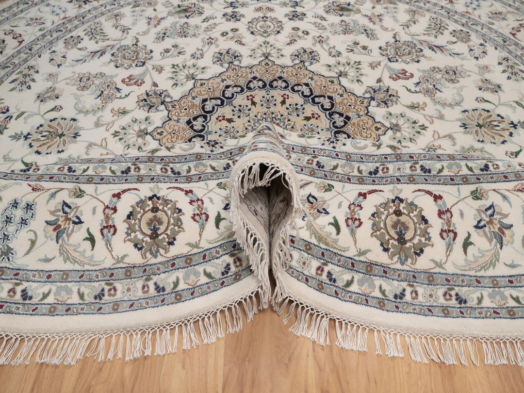 9'8" x 9'8" New Hand Knotted Ivory Wool & Silk Round Oriental Rug - MOA10292766