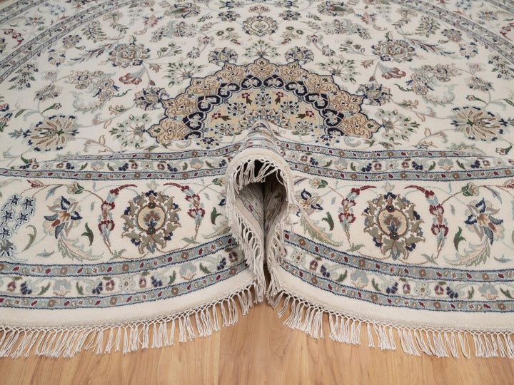 9'8" x 9'8" New Hand Knotted Ivory Wool & Silk Round Oriental Rug - MOA10292766