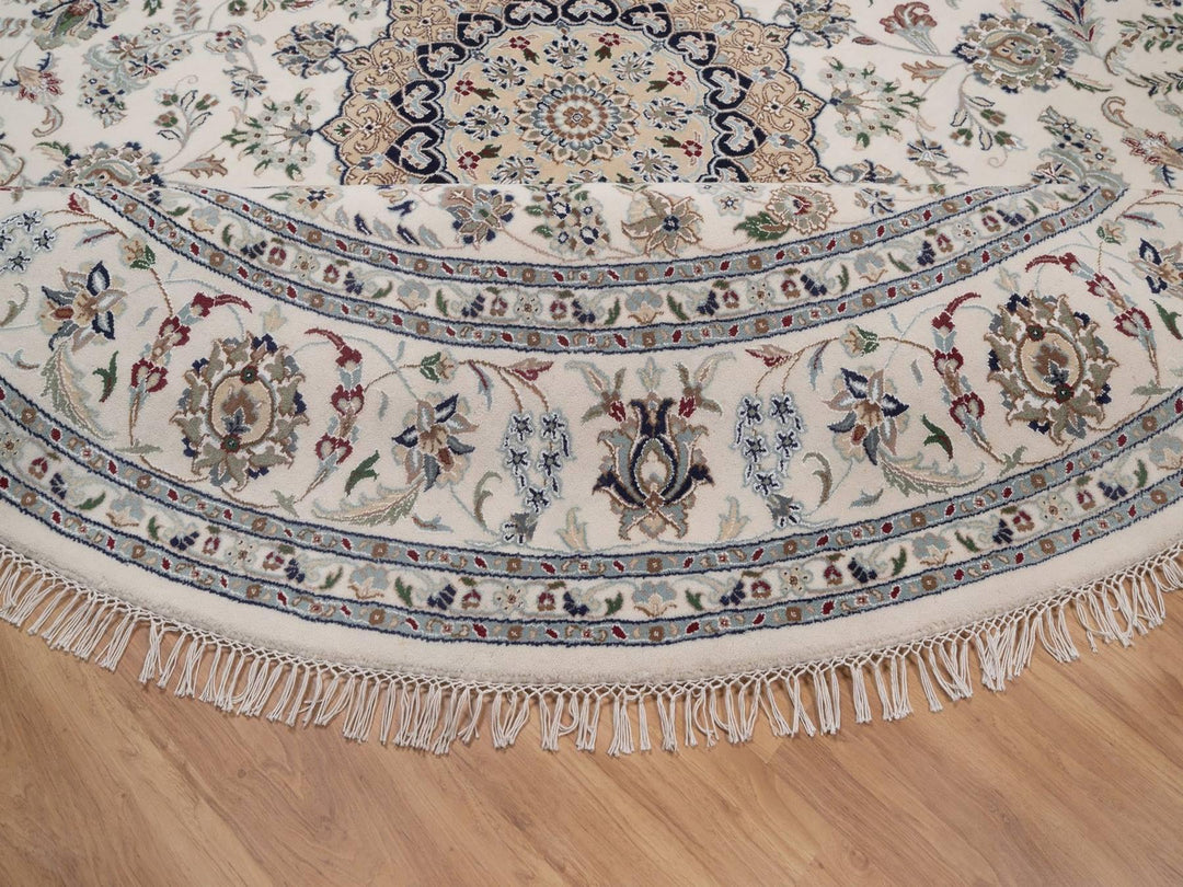 9'8" x 9'8" New Hand Knotted Ivory Wool & Silk Round Oriental Rug - MOA10292766