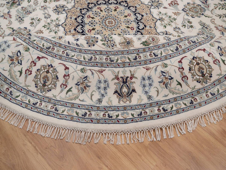 9'8" x 9'8" New Hand Knotted Ivory Wool & Silk Round Oriental Rug - MOA10292766