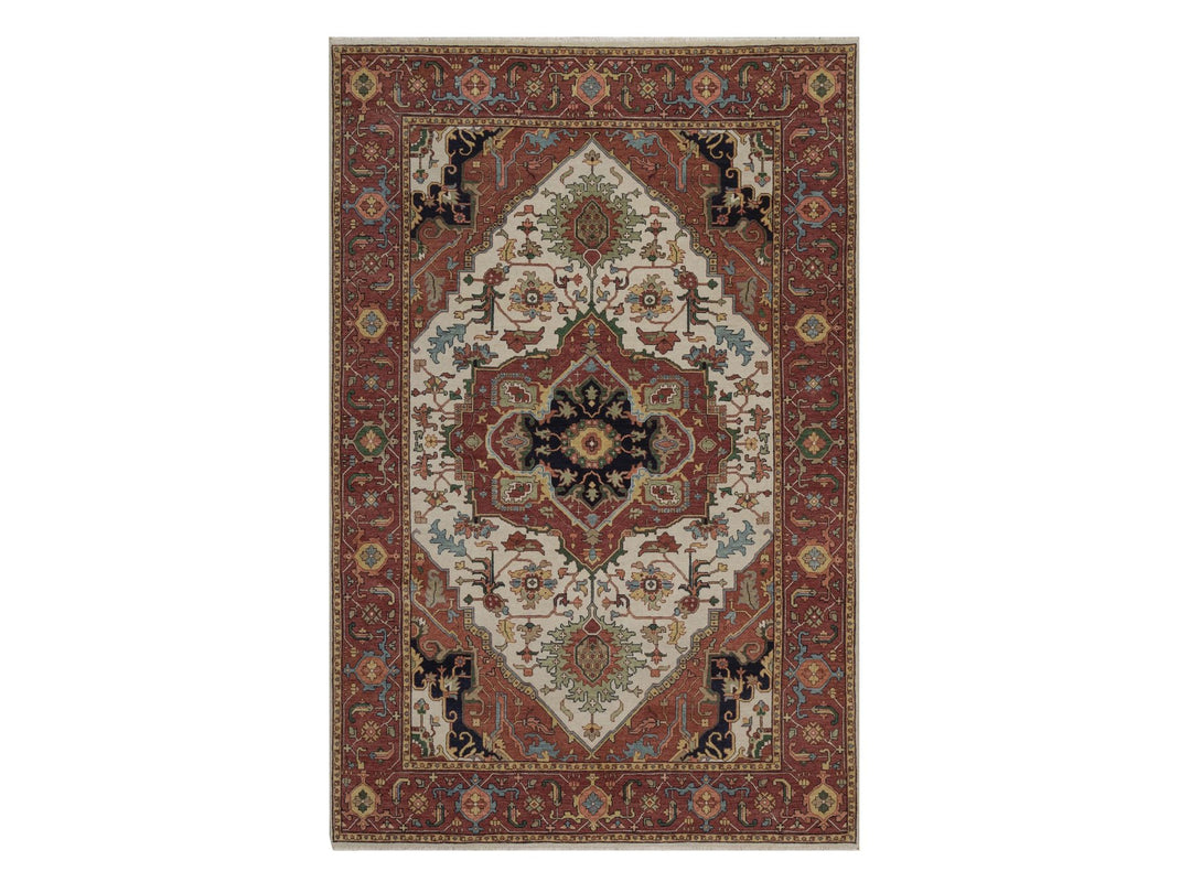 6'0" x 9'1" New Hand Knotted Ivory Wool Rectangle Oriental Rug - MOA10292783