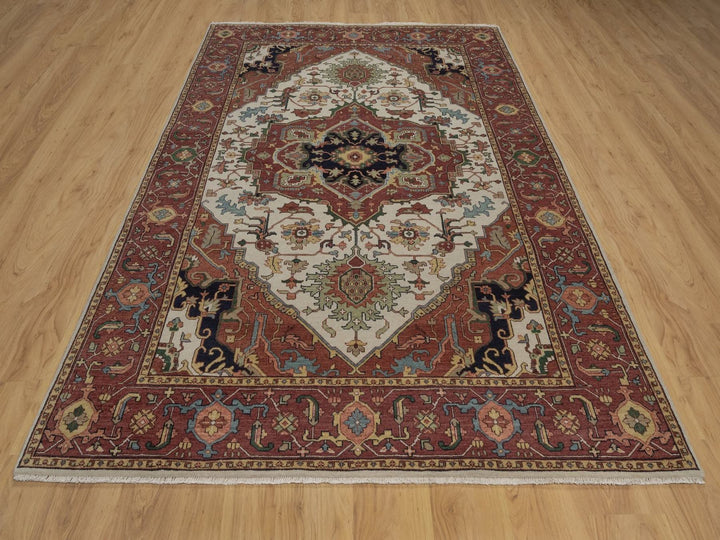 6'0" x 9'1" New Hand Knotted Ivory Wool Rectangle Oriental Rug - MOA10292783