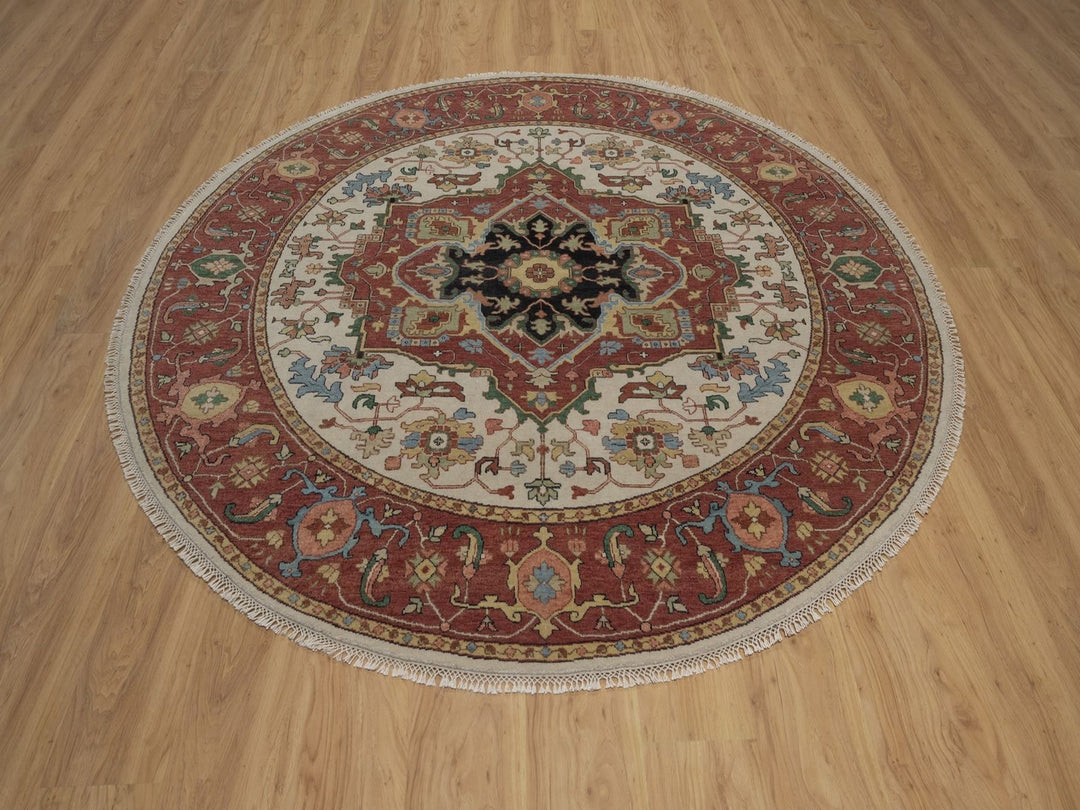6'10" x 6'10" New Hand Knotted Ivory Wool Round Oriental Rug - MOA10292803