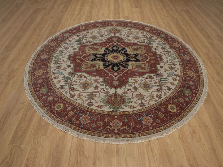 7'11" x 7'11" New Hand Knotted Ivory Wool Round Oriental Rug - MOA10292805
