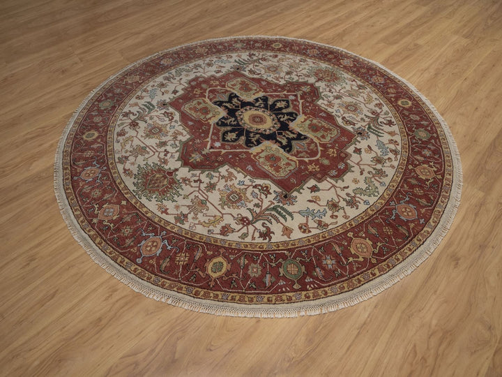 7'11" x 7'11" New Hand Knotted Ivory Wool Round Oriental Rug - MOA10292805