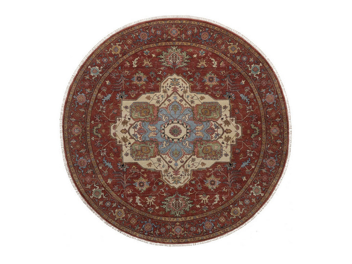 8'0" x 8'0" New Hand Knotted Red Wool Round Oriental Rug - MOA10292815