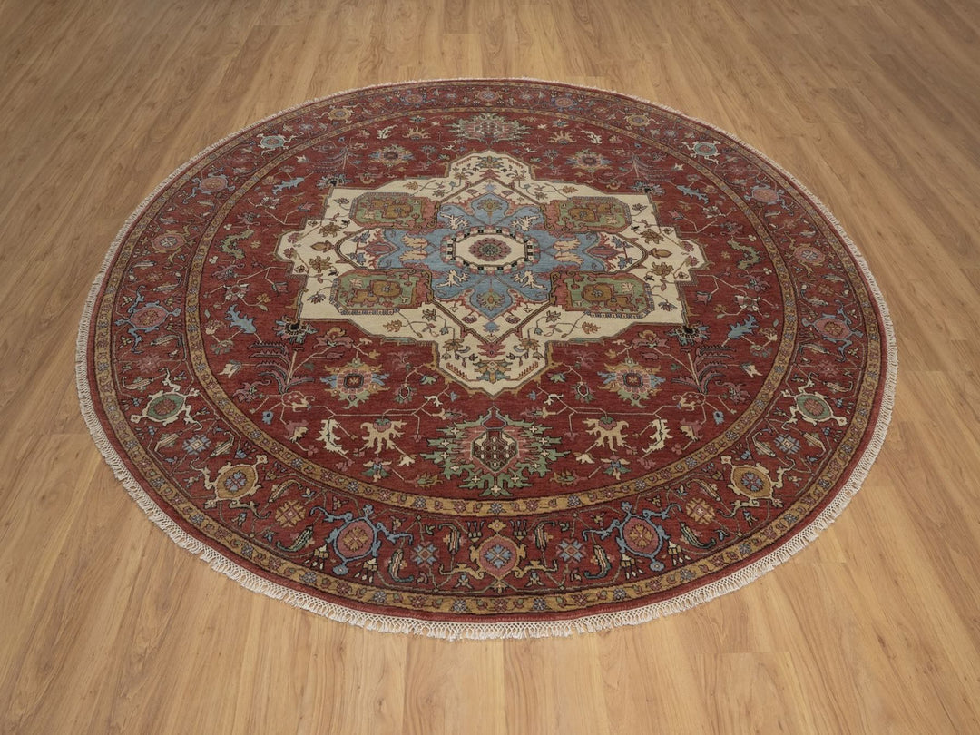 8'0" x 8'0" New Hand Knotted Red Wool Round Oriental Rug - MOA10292815