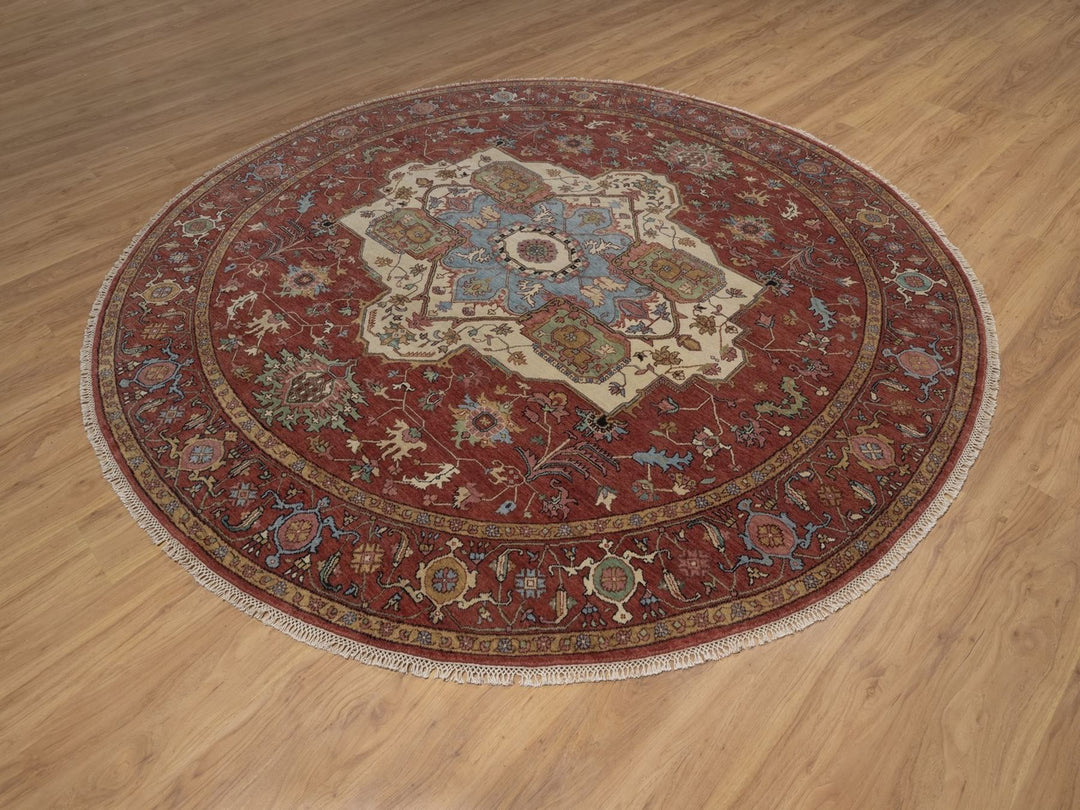 8'0" x 8'0" New Hand Knotted Red Wool Round Oriental Rug - MOA10292815